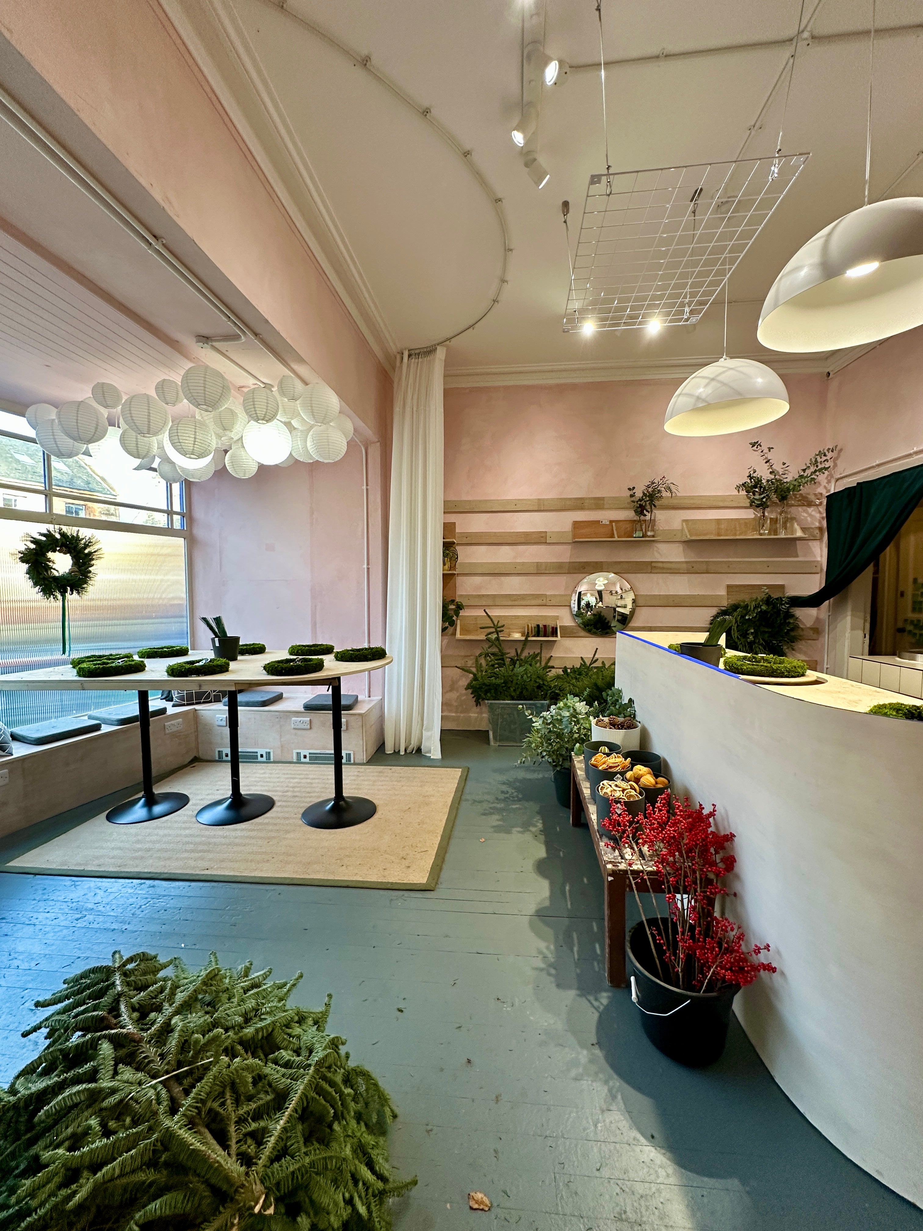 Christmas wreath workshop set up